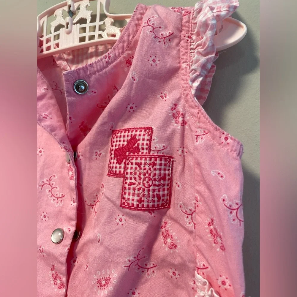 Vintage Pink Bubble Romper Cottagecore Gingham Ruffles Baby Girl Western Boho - Picture 2 of 10